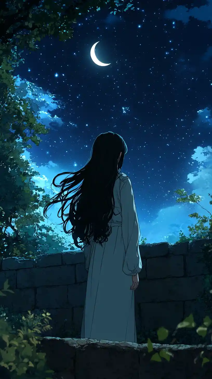 Anime girl gazing at a crescent moonlit night sky