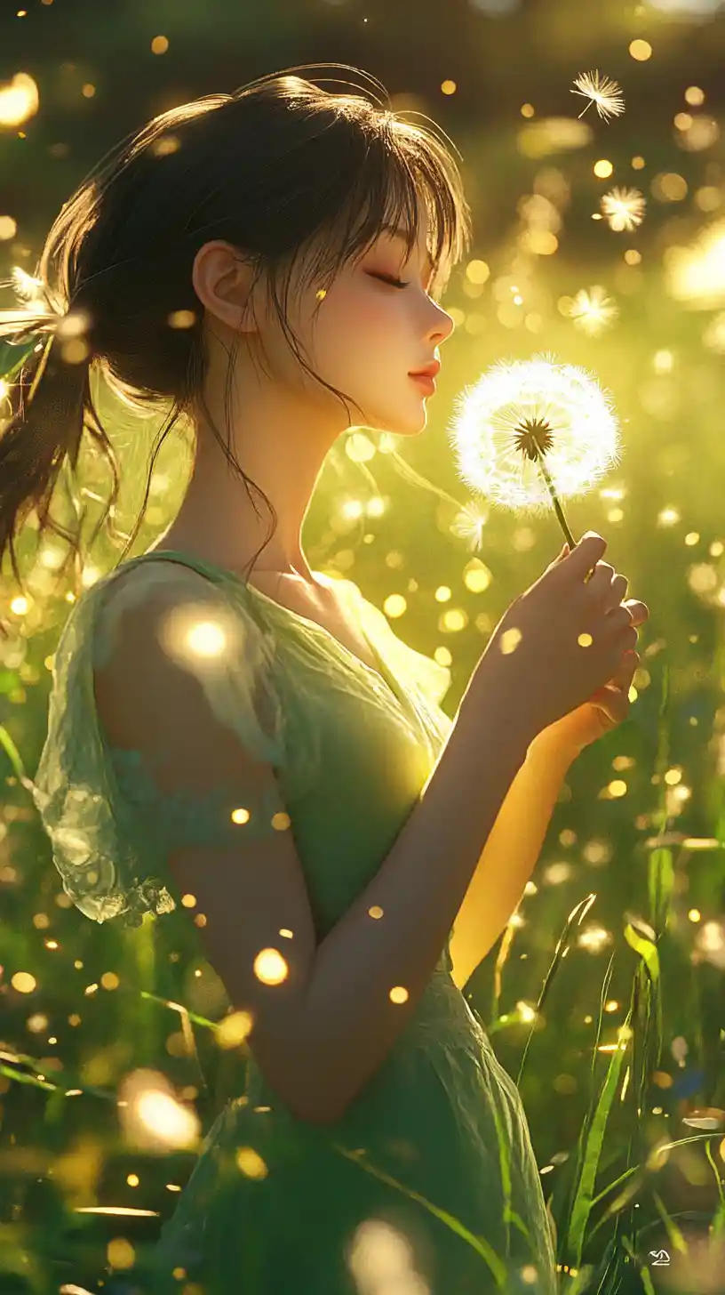 Anime girl blowing on a glowing dandelion in sunlight