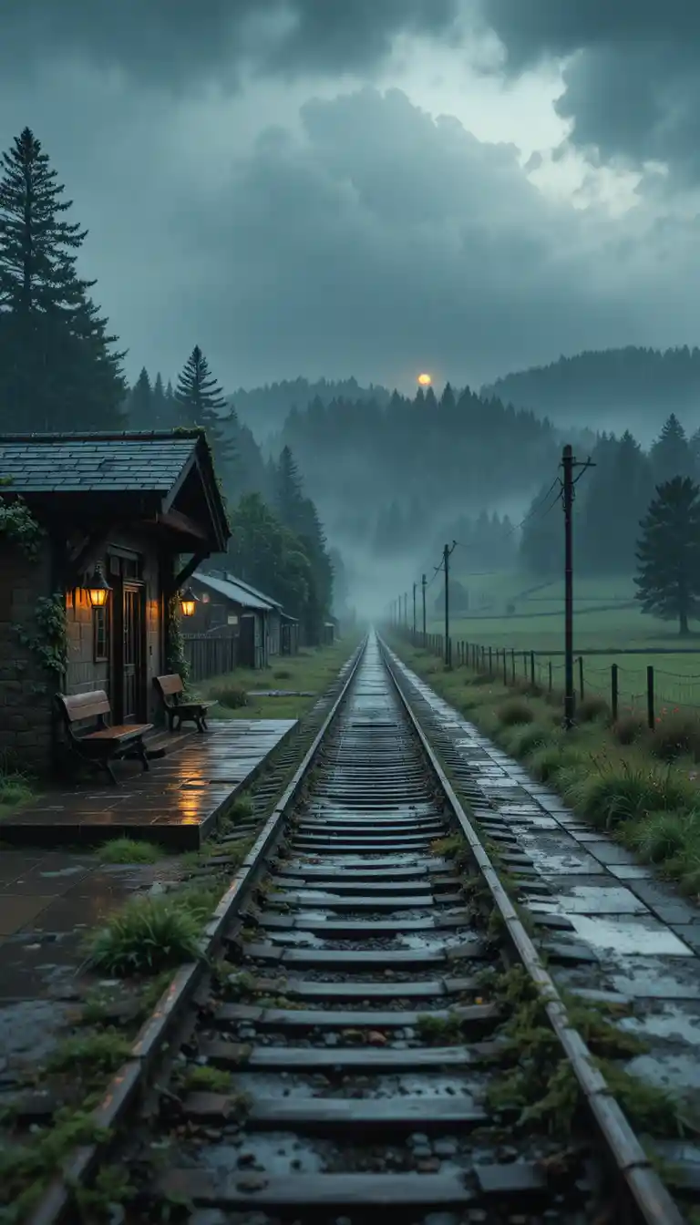 Rainy countryside railway station fading into misty distance