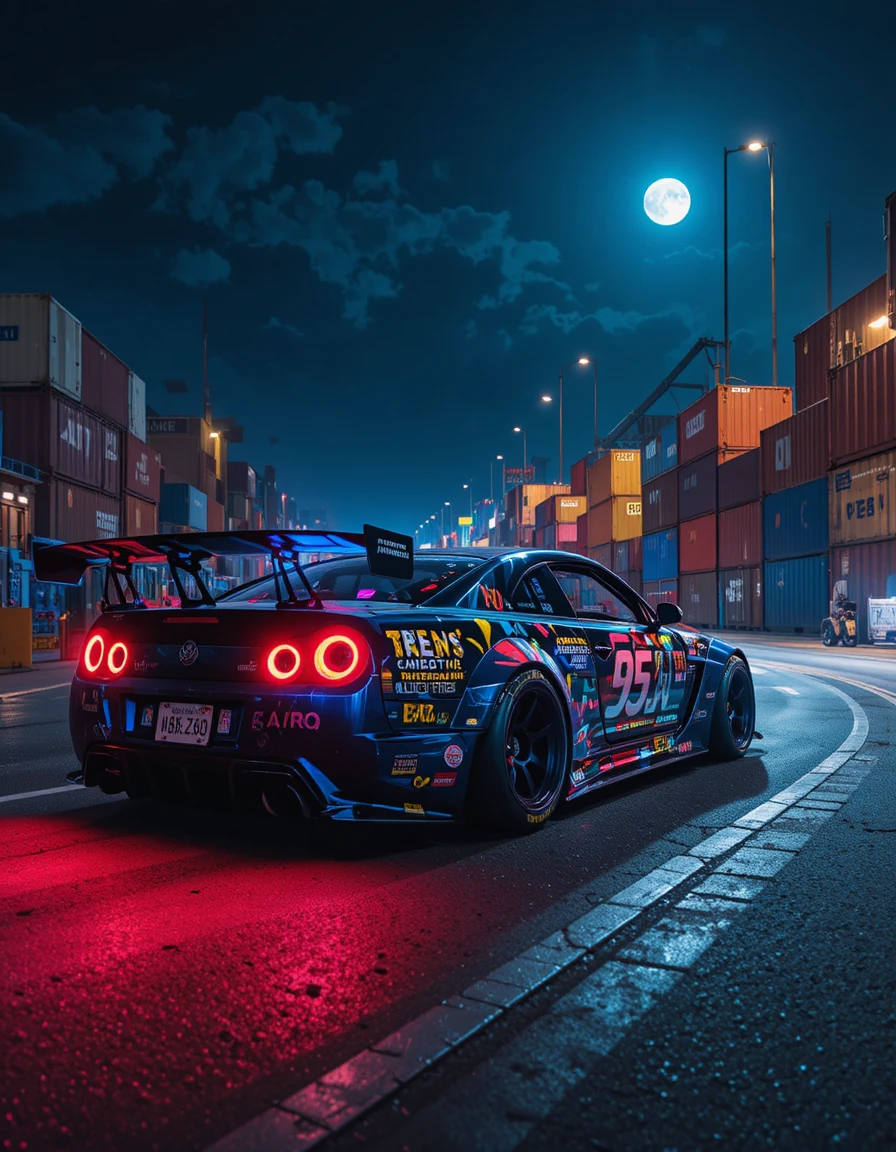 Modified street racing cars at night in Japanese cargo docks