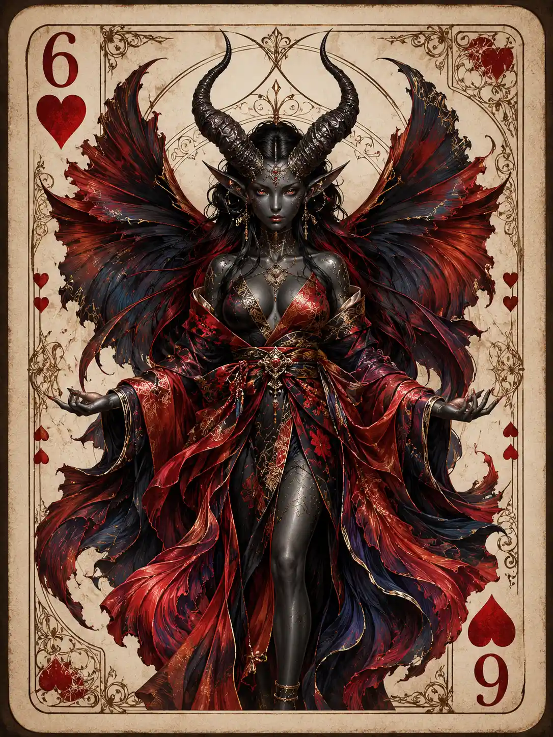 Demoness in flowing kimono before six of hearts card