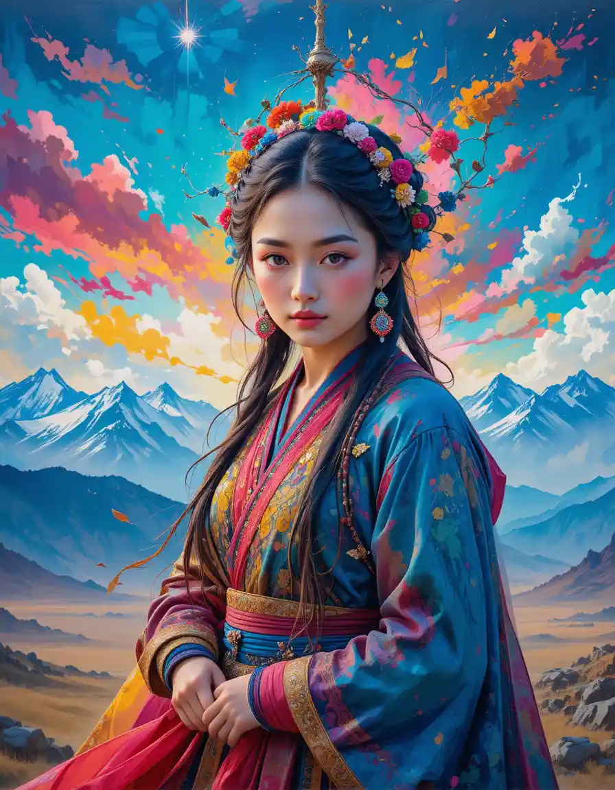 Mongolian woman in traditional dress before vast mountain plains