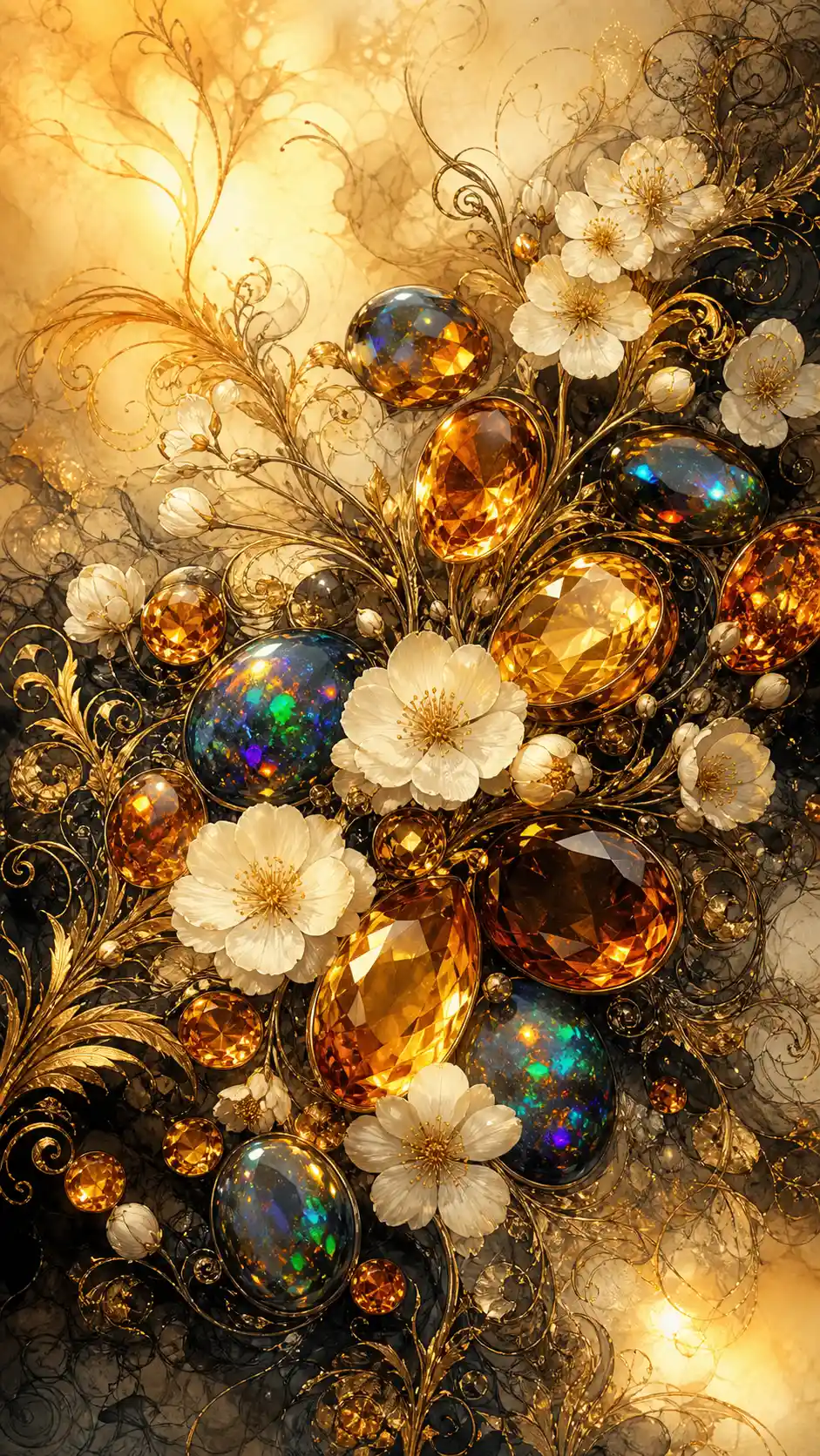 Luminescent gemstones and flowers in abstract gold illustration