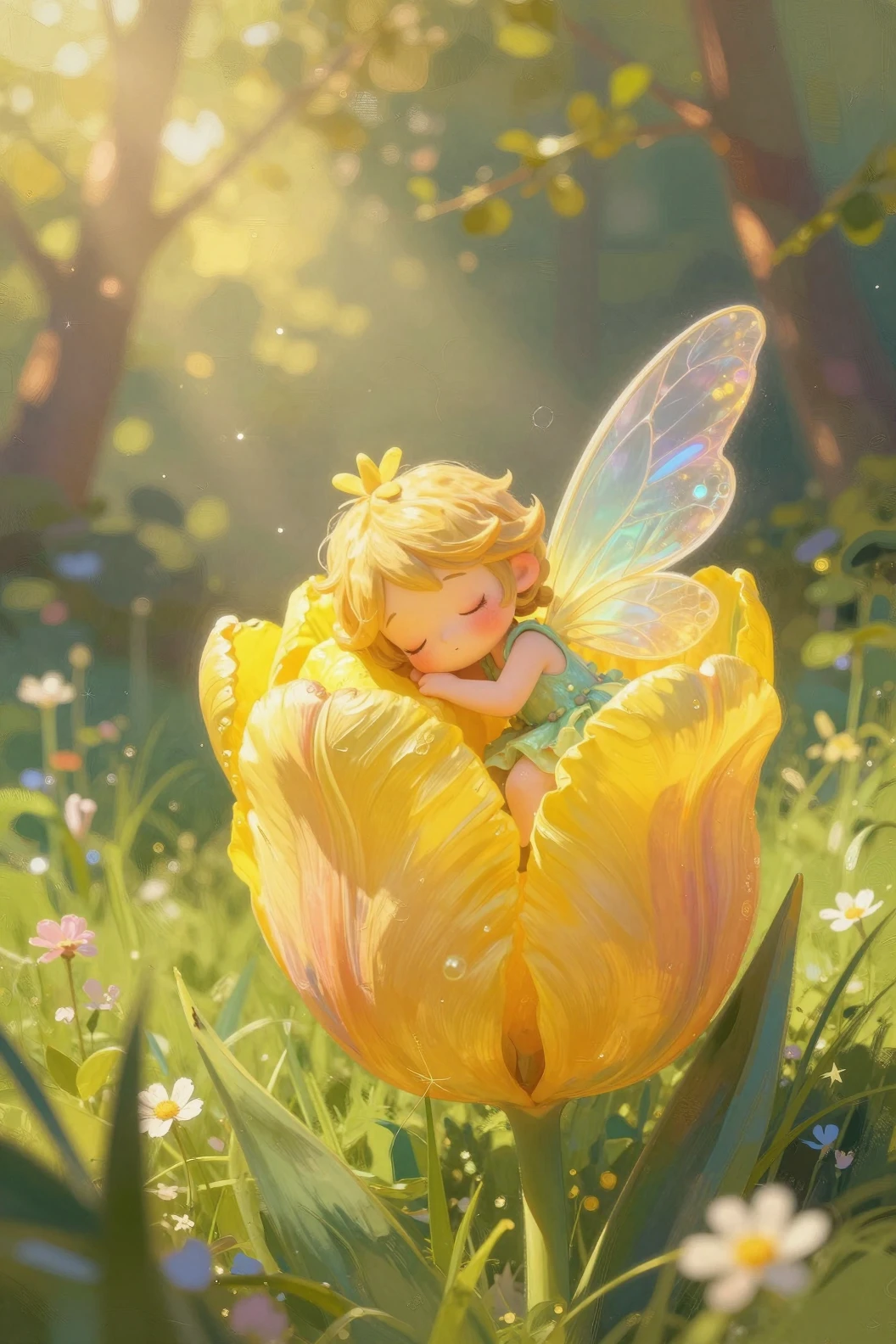 春の草原で黄色いチューリップの中で眠るかわいい妖精