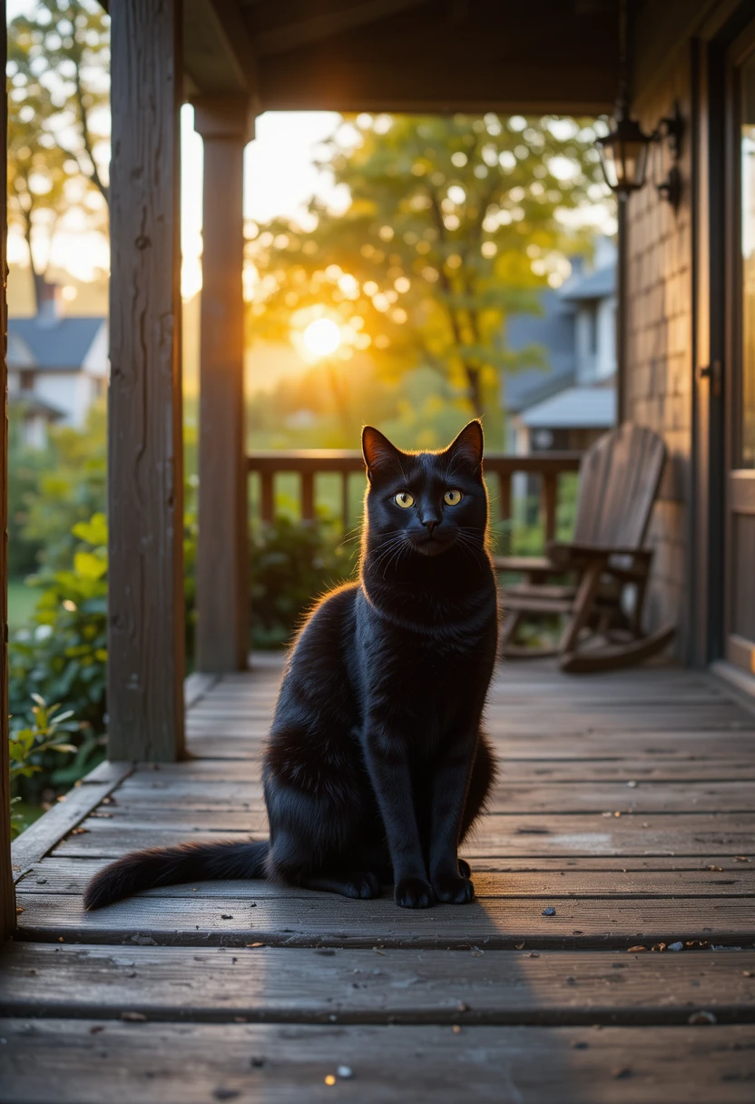 Black cat on wooden porch at tranquil sunset