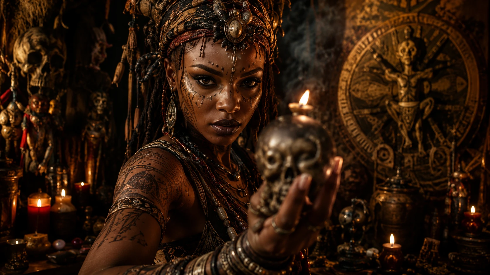 Surreal voodoo priestess in a mystical temple close up