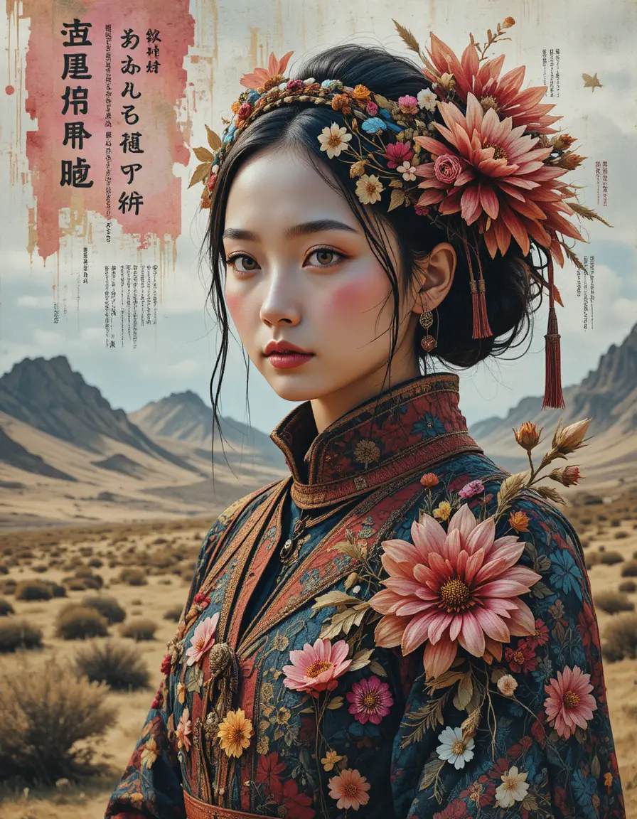 Mongolian woman in traditional dress on mountain steppe