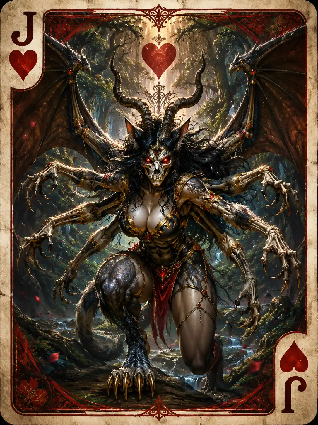 Six armed werewolf heroine in enchanted forest landing pose