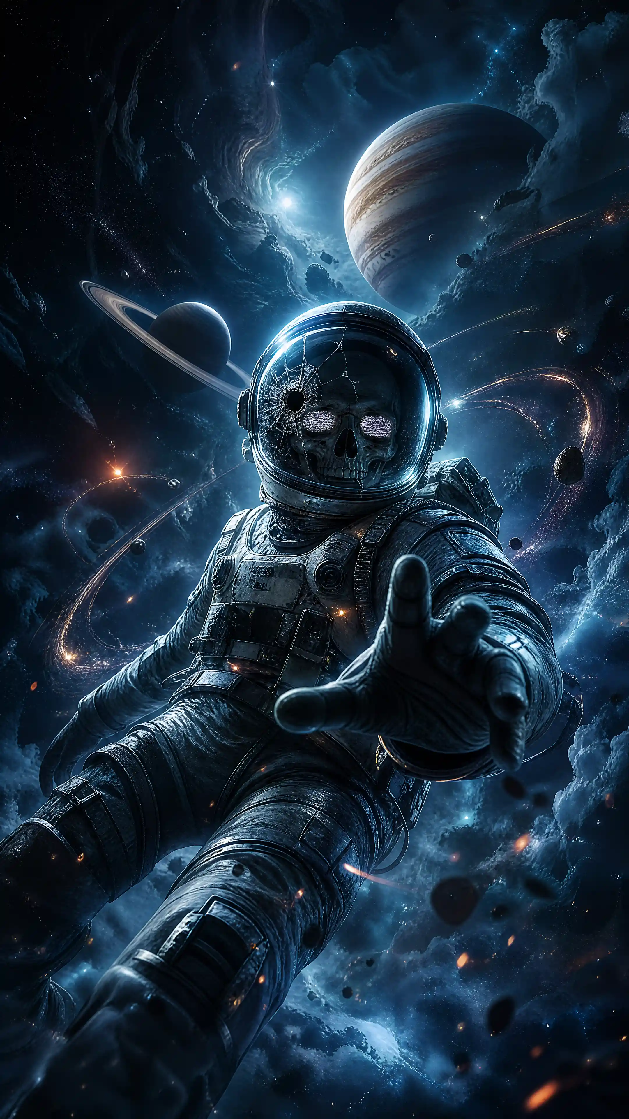 Lonely astronaut drifting in surreal deep space scene