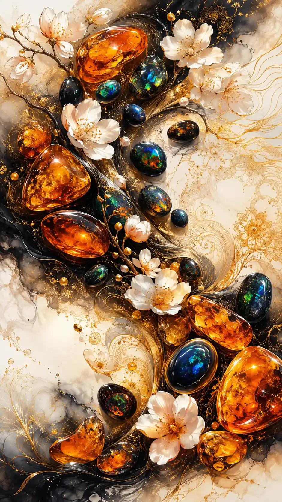 Colorful gemstones and opals with delicate white floral accents
