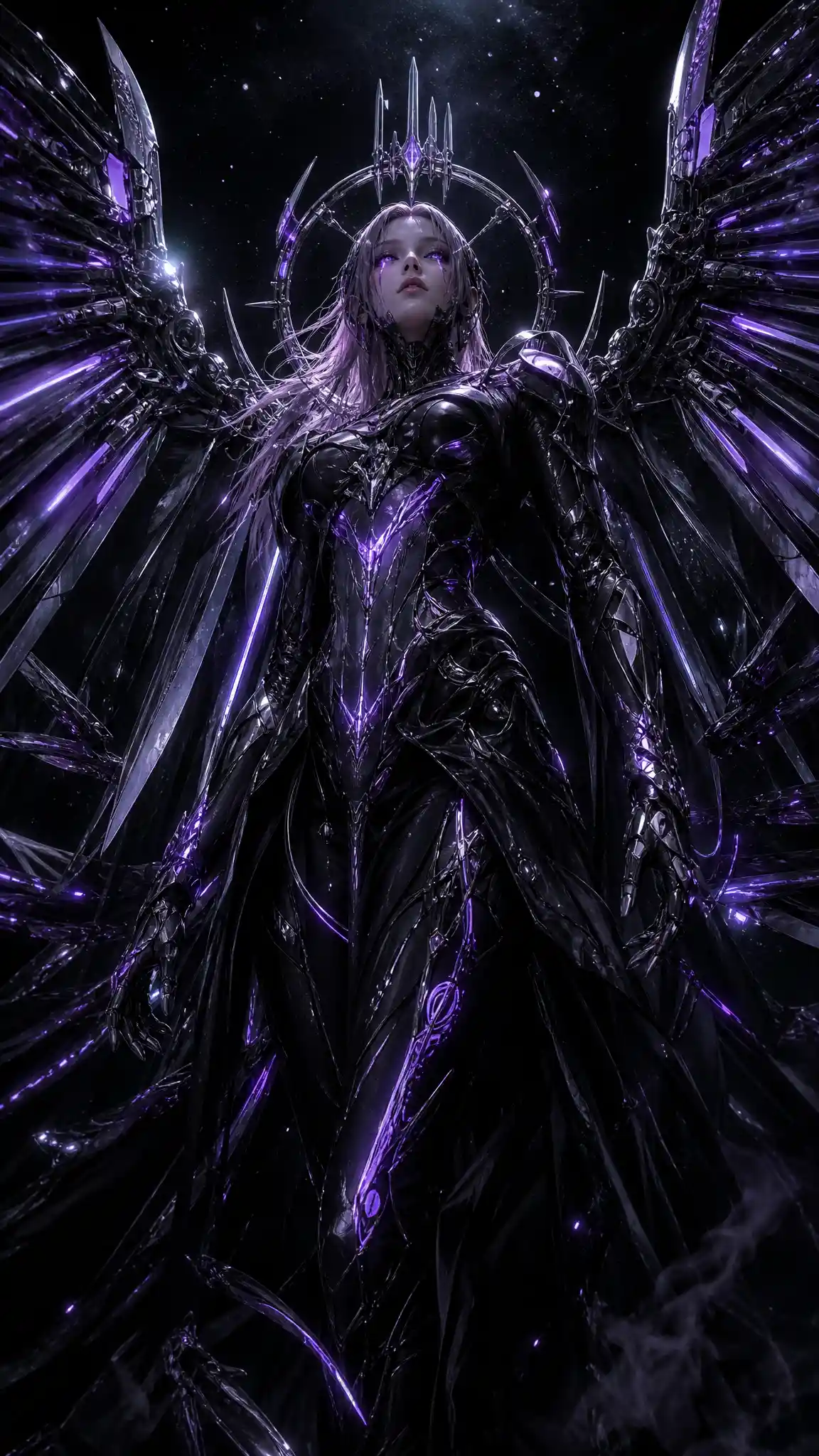 Cybernetic woman with biomechanical wings in dark cosmic void