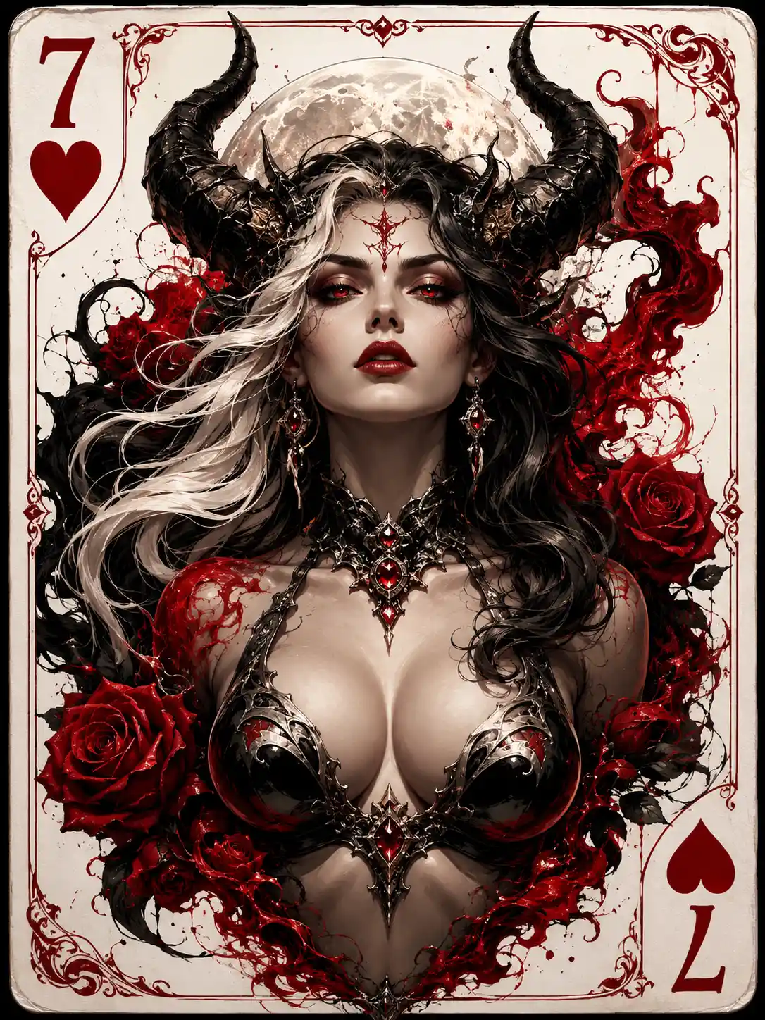 Demonic horned woman with roses and swirling red smoke