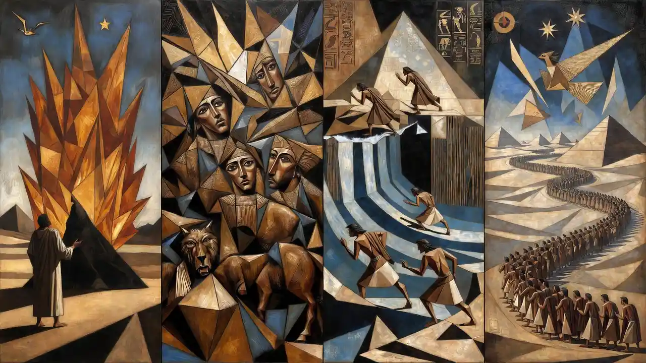Surreal 3D panels of the Israelites fleeing ancient Egypt