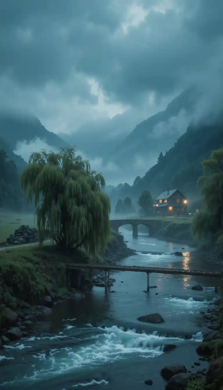 Filmische Regenlandschaft am Fluss mit stillgelegter Bahnstrecke und Brücke