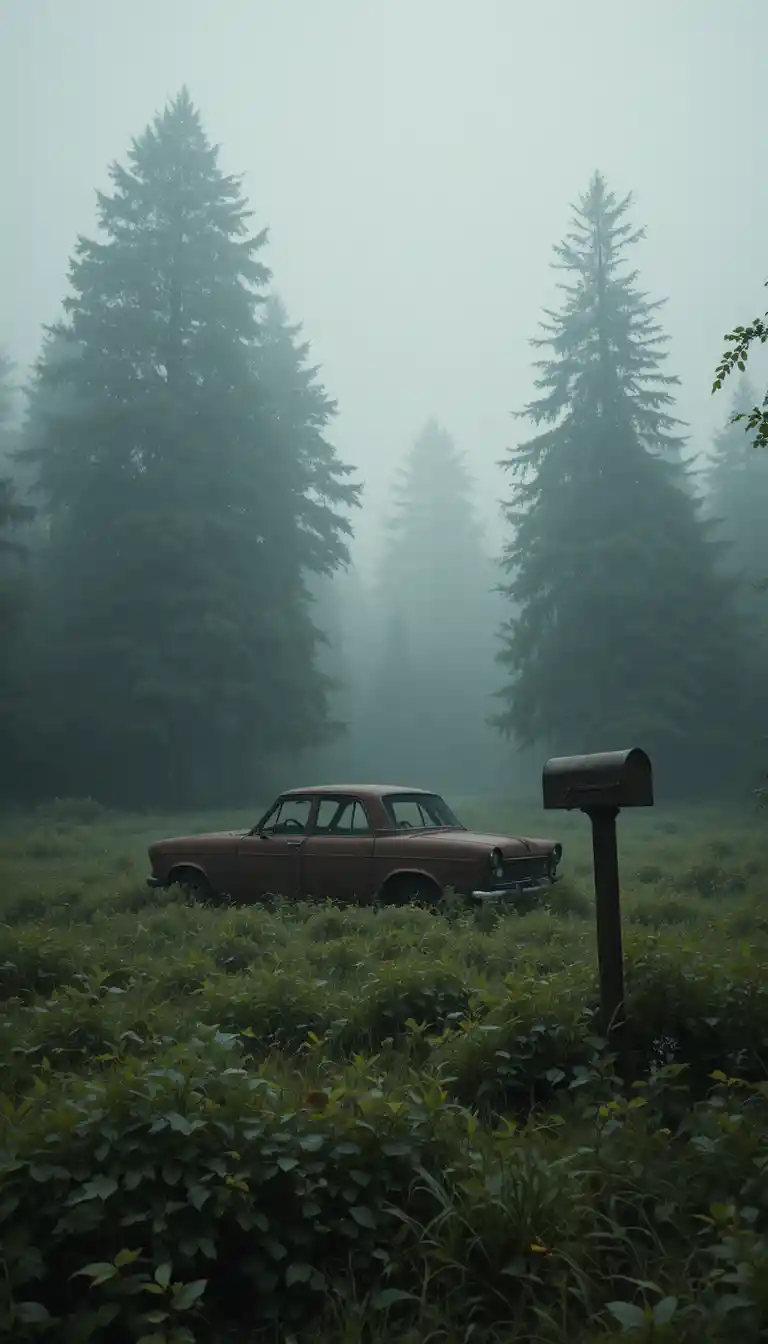 Abandoned vintage car in a foggy rural green field