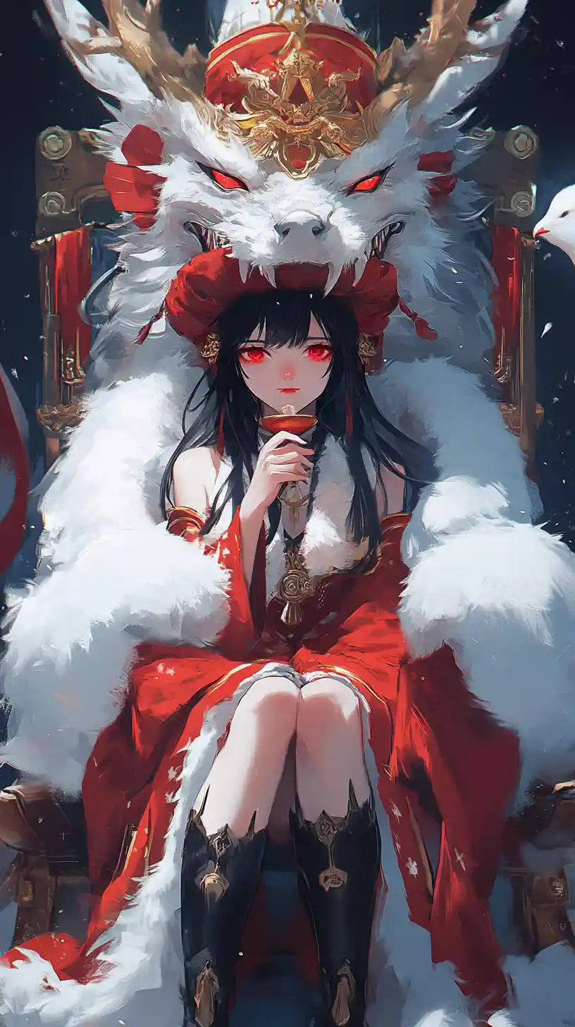 Anime girl on a golden throne in an icy dragon palace