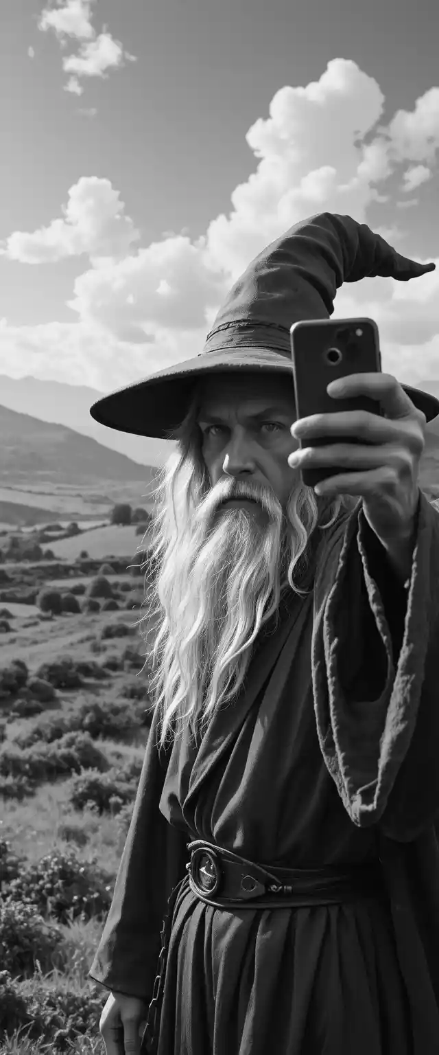 Black and white wizard taking a selfie in the countryside