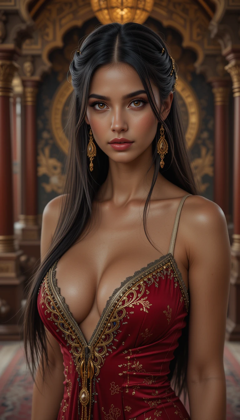 Femme fantastique en sari rouge dans l'intérieur d'un ancien palais