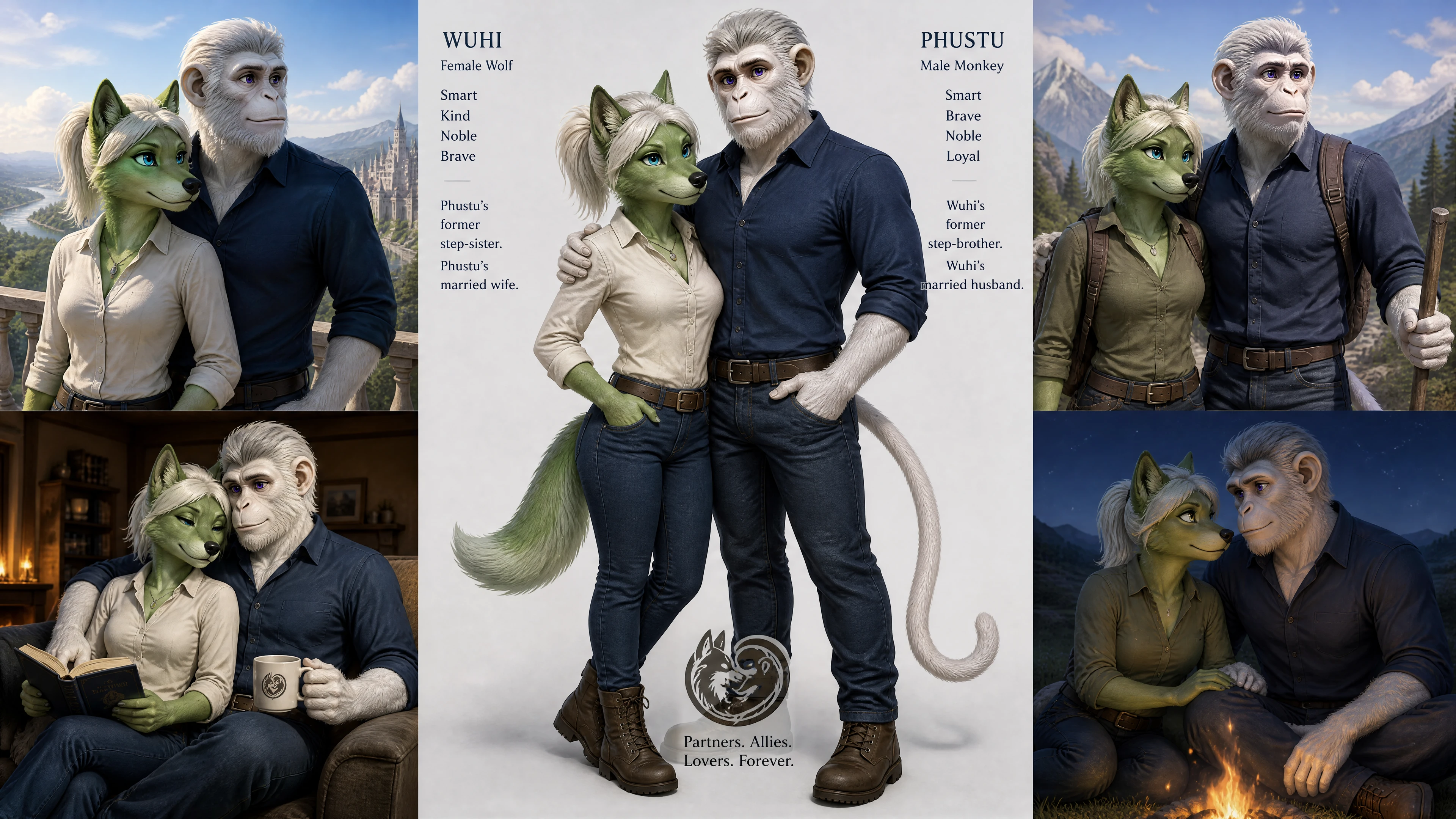 Anthro wolf and monkey couple standing in casual clothes