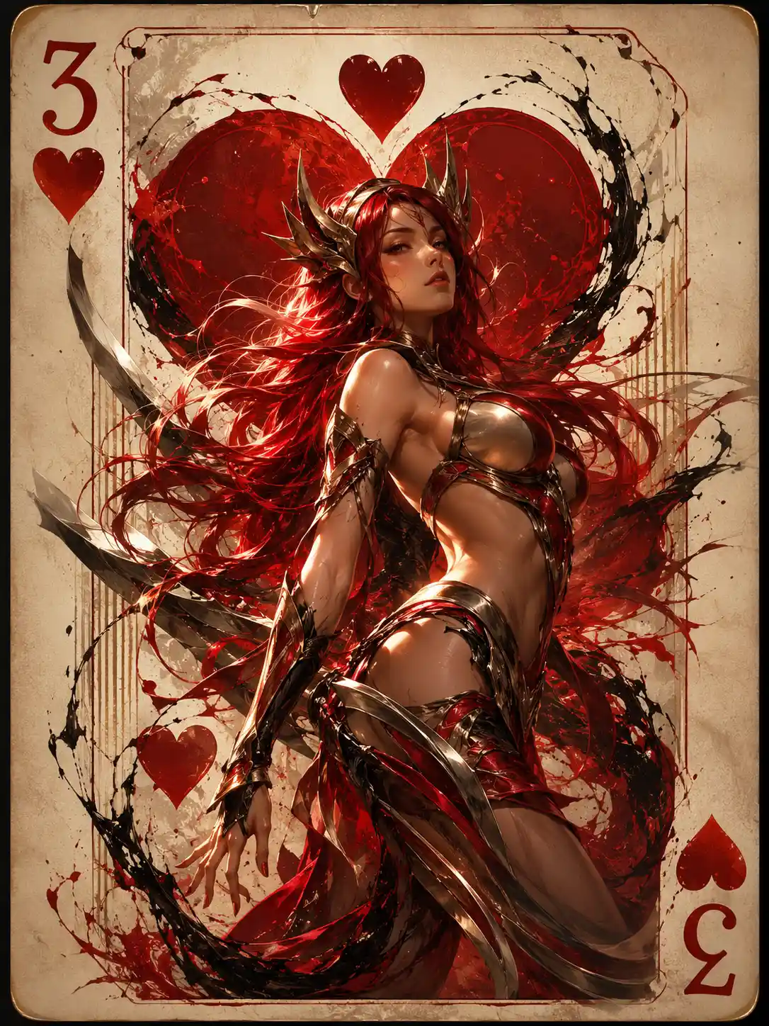 Red haired blade dancer warrior framed in a heart card