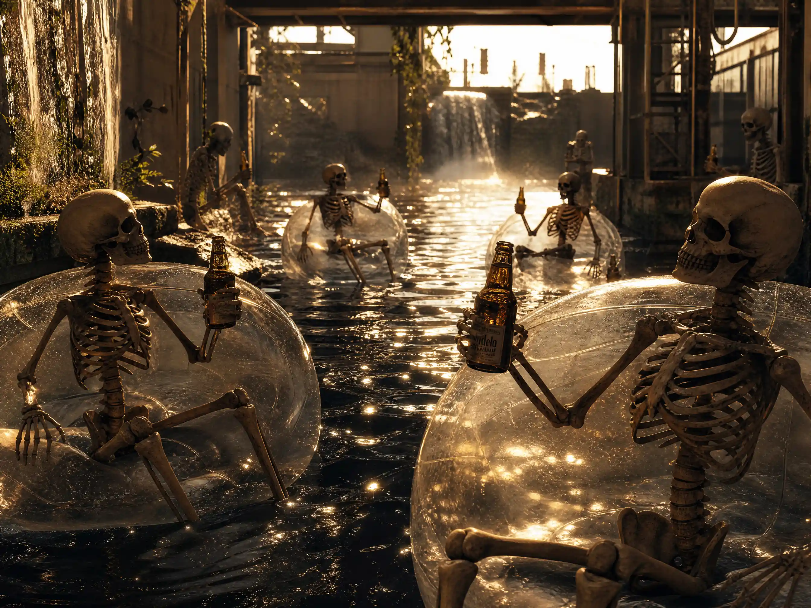 Skeletons riding inflatable balls by glittering water ruins