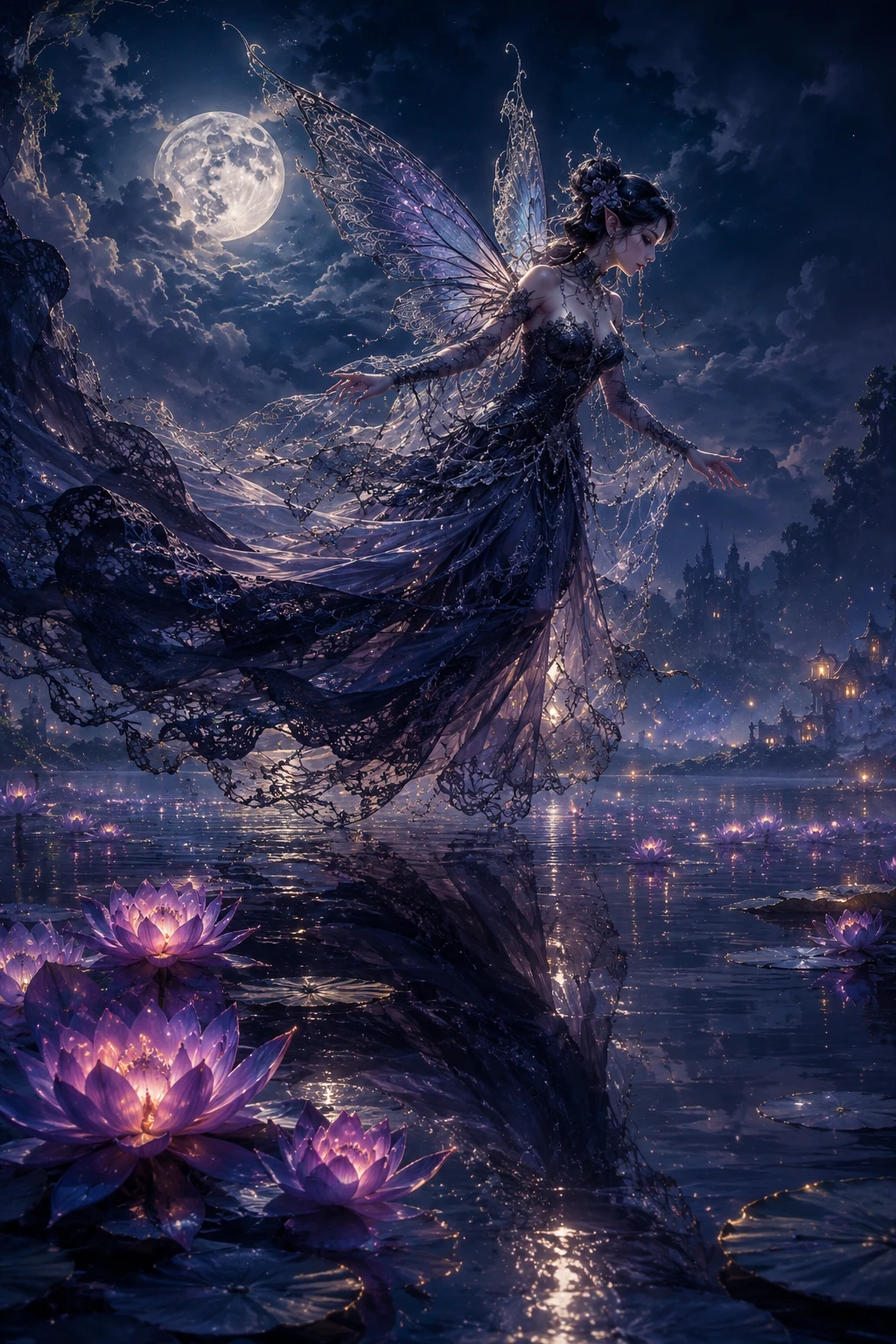Gothic fairy hovering above a moonlit lake at midnight
