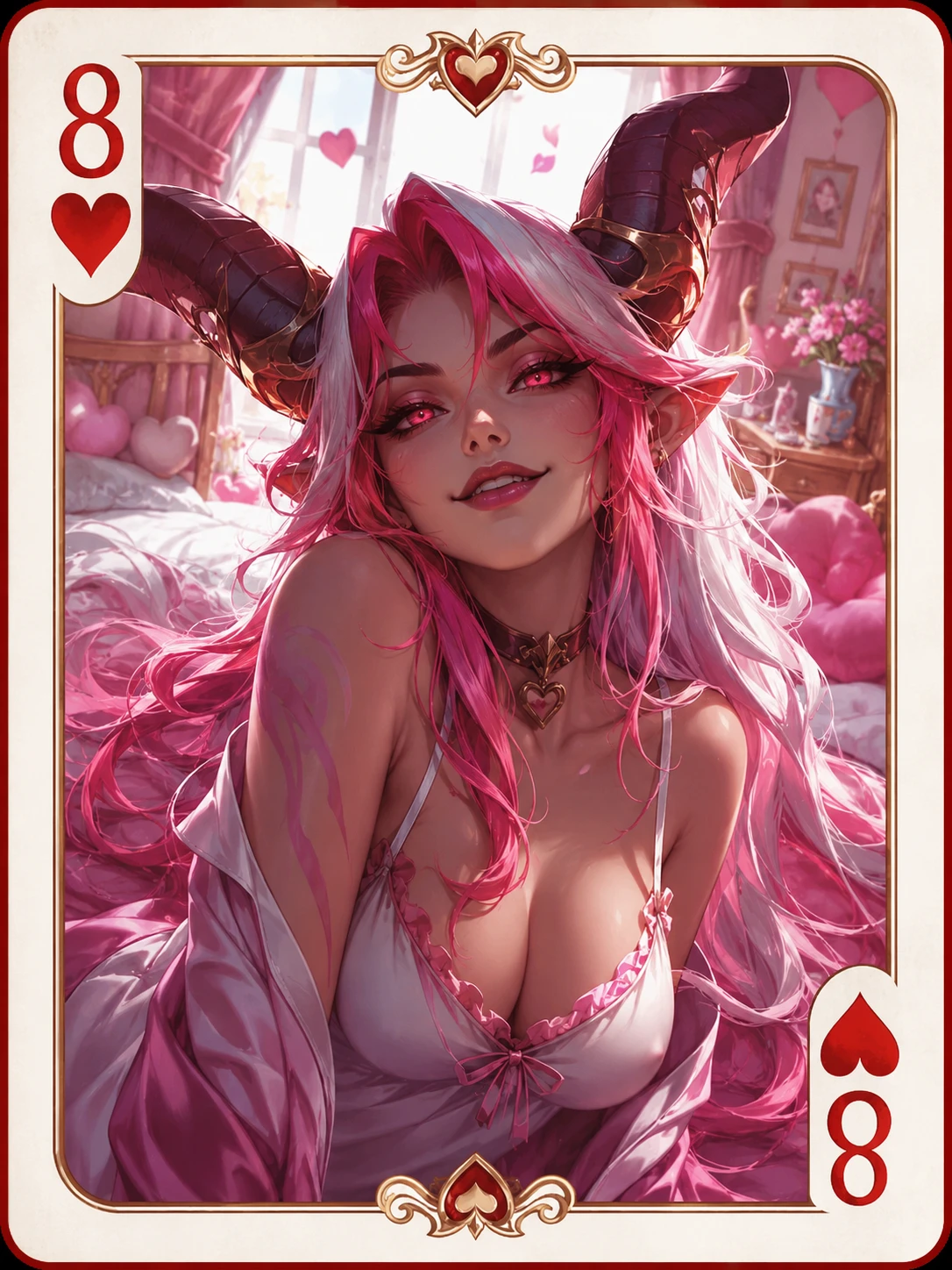 Playful succubus girl smiling beside a bright bedroom bed