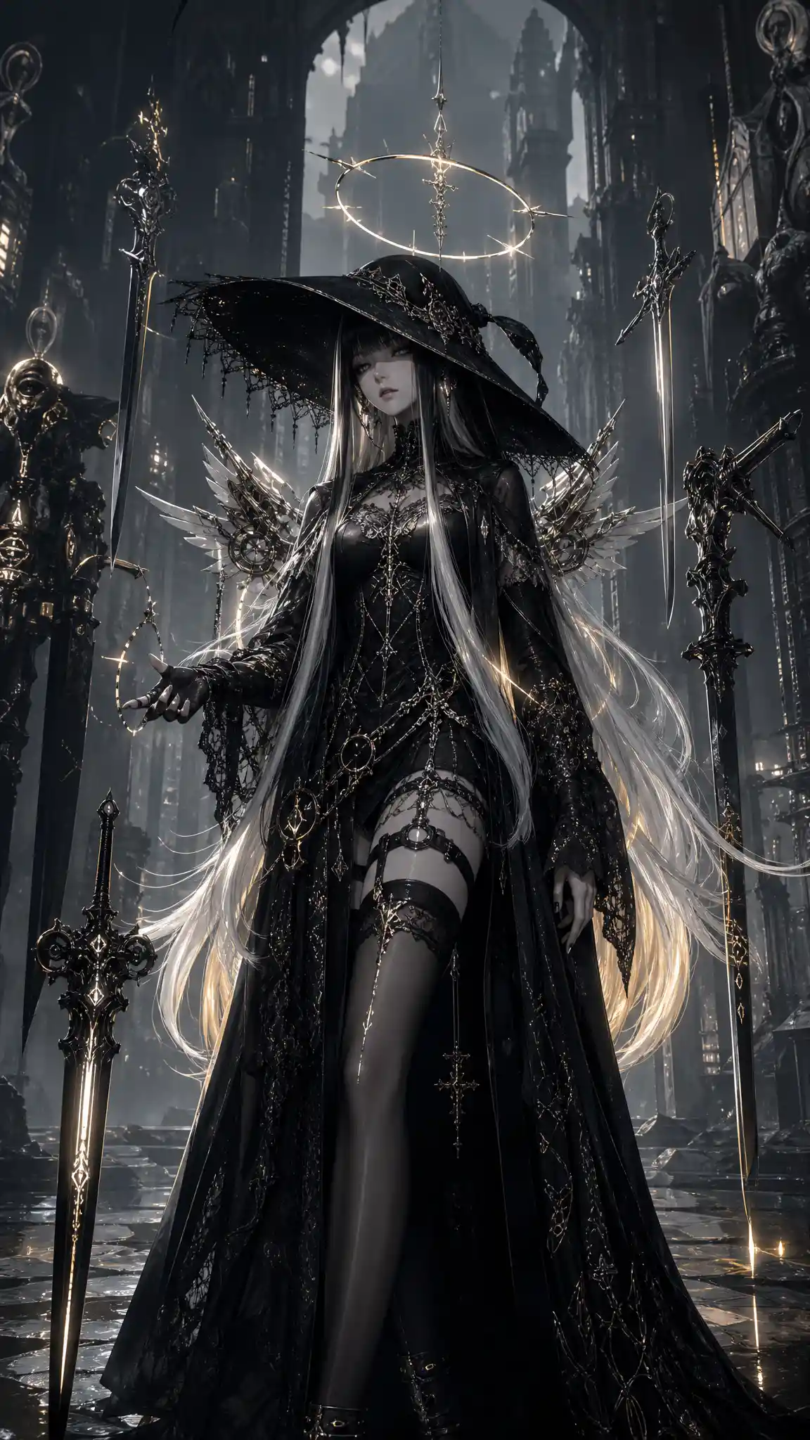 Gothic cybernetic maiden in a ruined futuristic cathedral