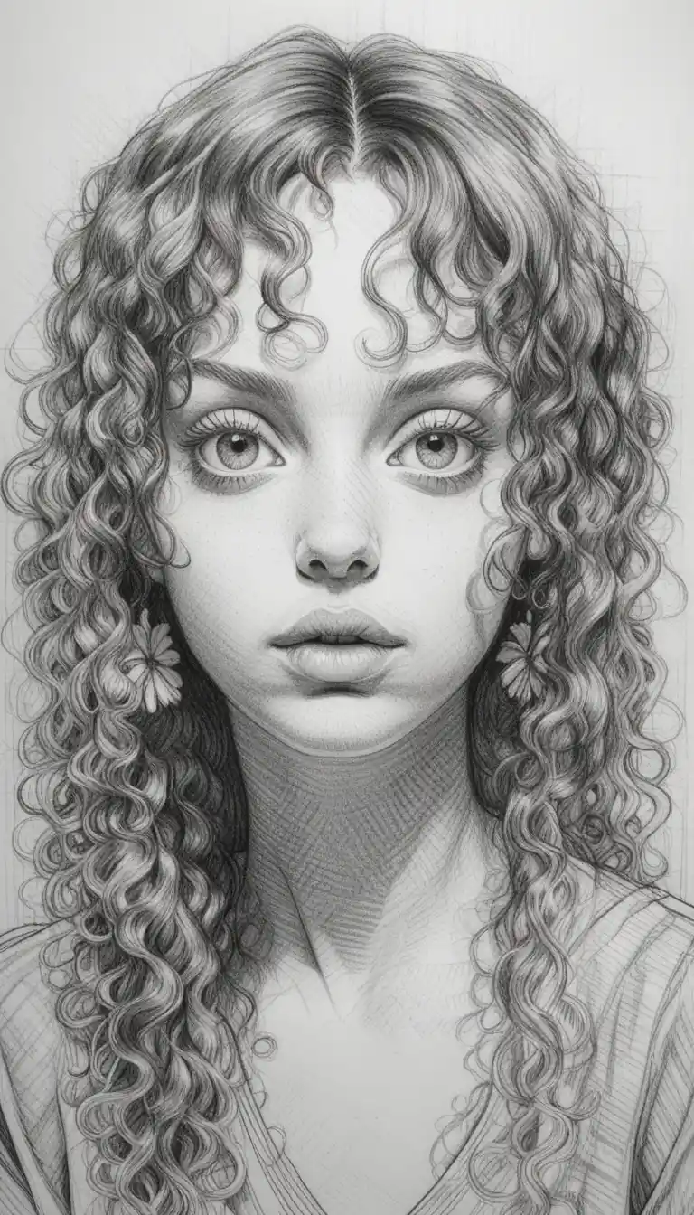 Technical ink portrait of a young woman with coily hair