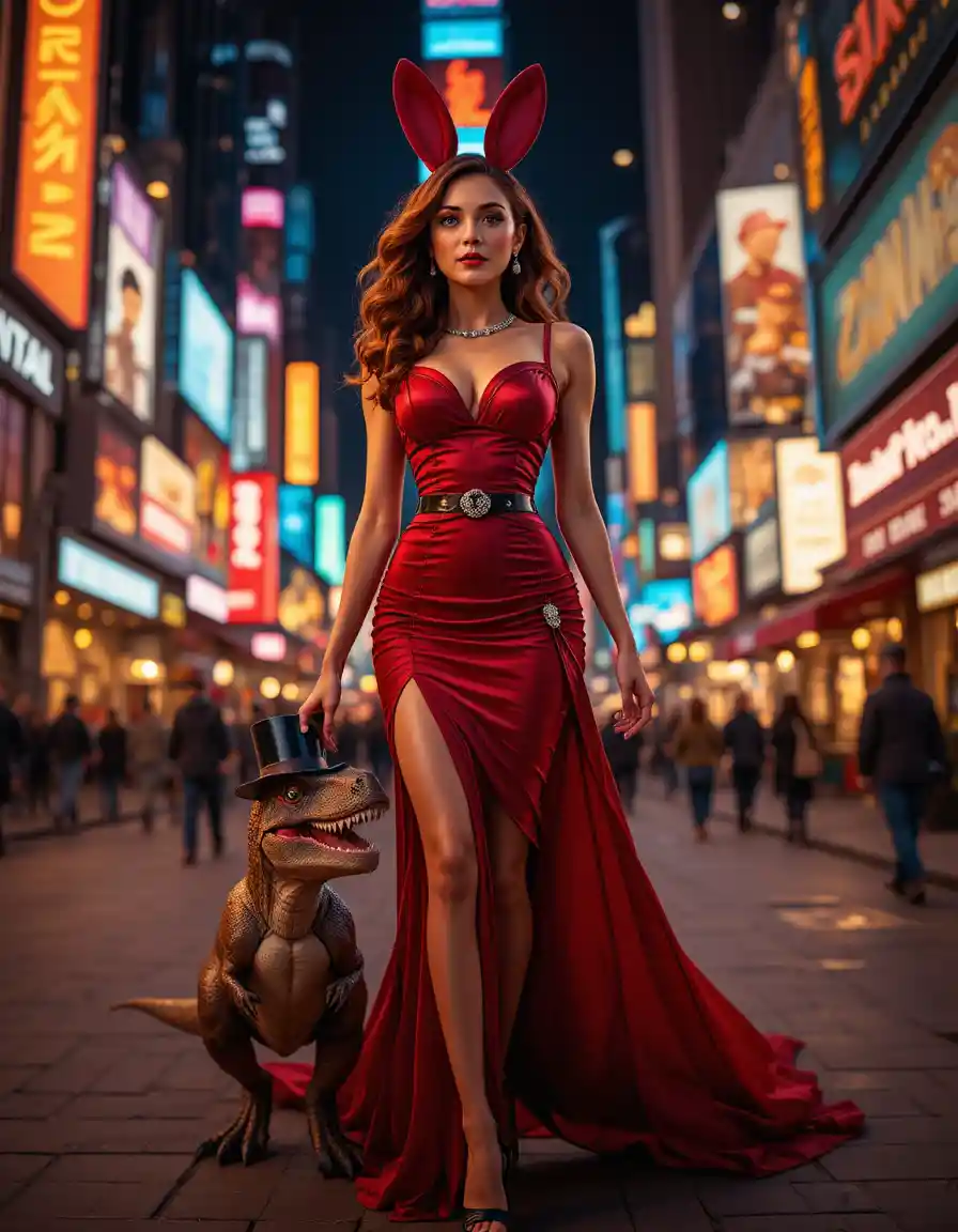 Glamorous woman walking through neon lit Times Square