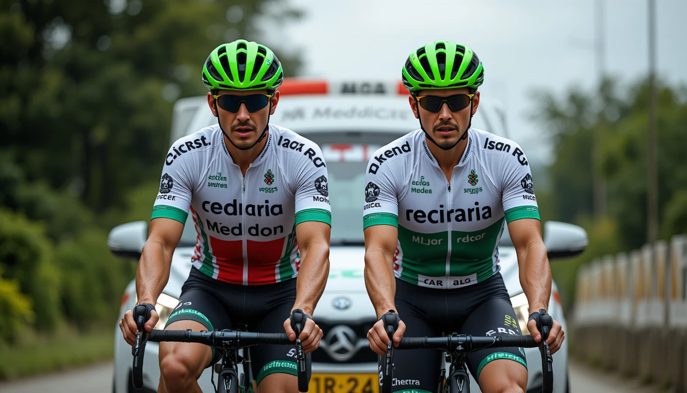 Injured pro cyclists riding ahead of medical support car