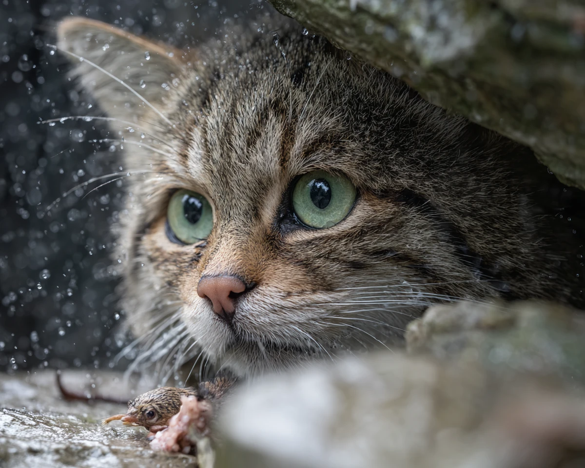 Criatura felina mojada refugiándose bajo un saliente rocoso