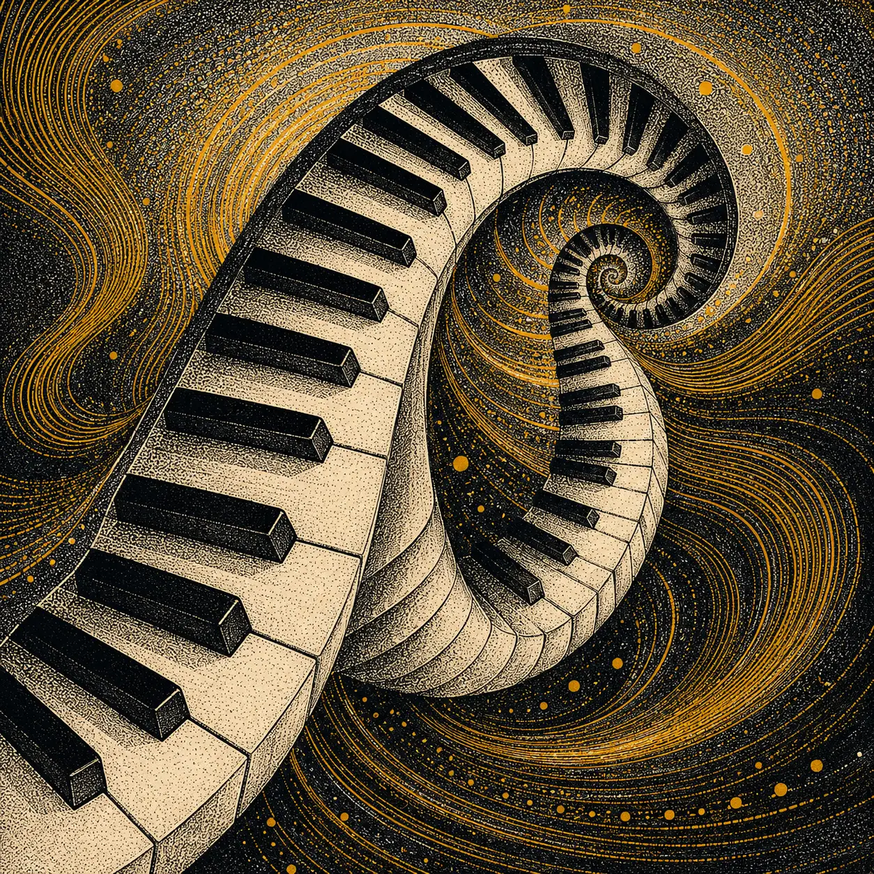 Piano Keys Unfolding Into Spirals With Engraved Dot Shadows