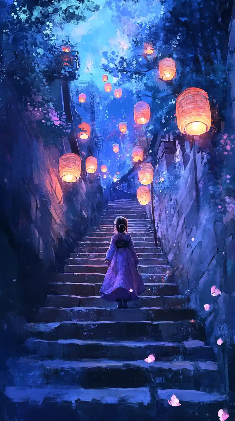 Young girl in hanbok climbing lantern lit stone stairs