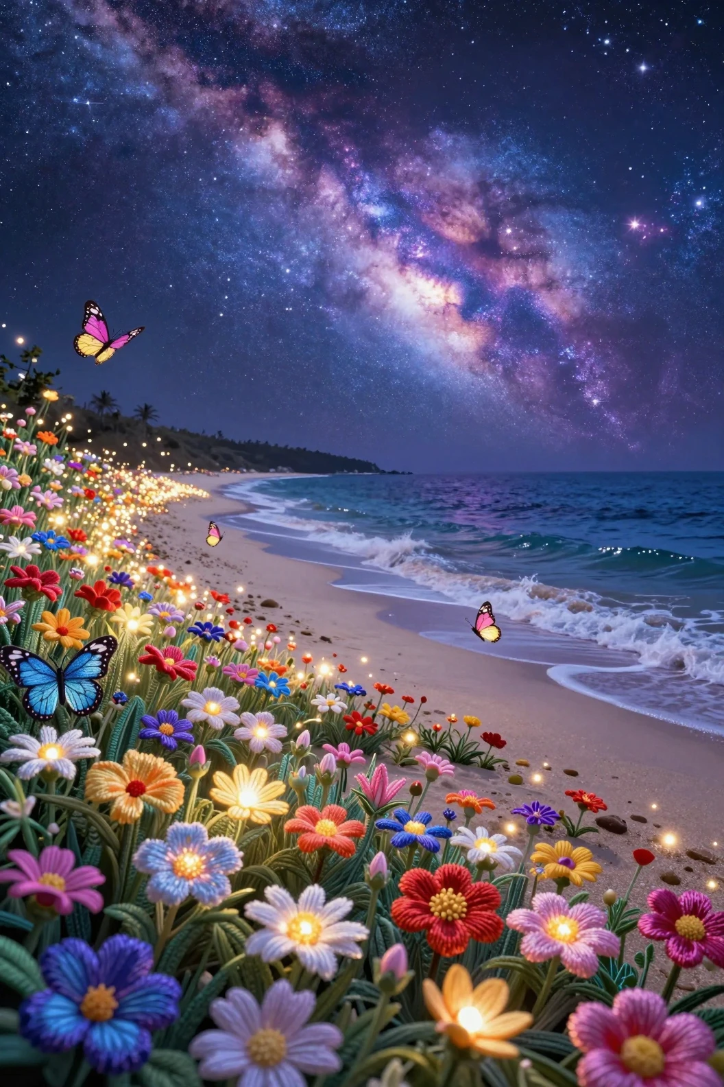 Embroidery beach at night with glowing flowers and galaxy sky