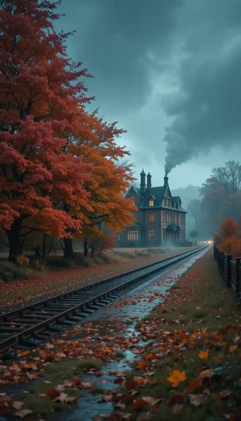 Maniero autunnale piovoso accanto a una tranquilla ferrovia di campagna