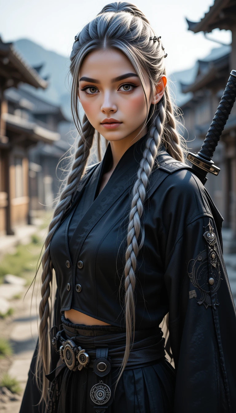 Young female warrior with sword in a quiet village
