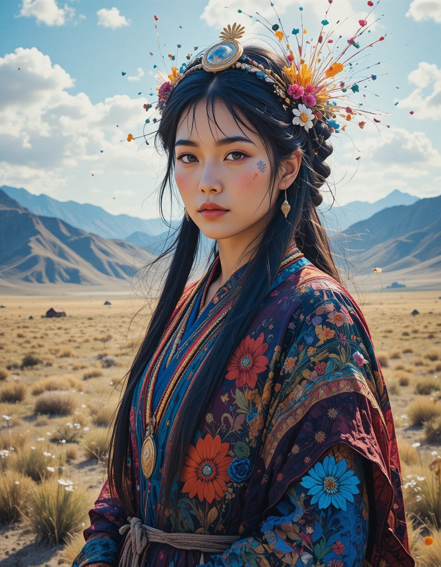 Mongolian woman in traditional dress before distant mountain plains