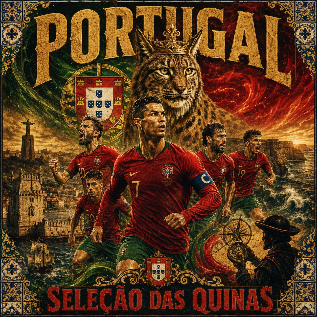 Vintage poster of heroic Portugal football team in action