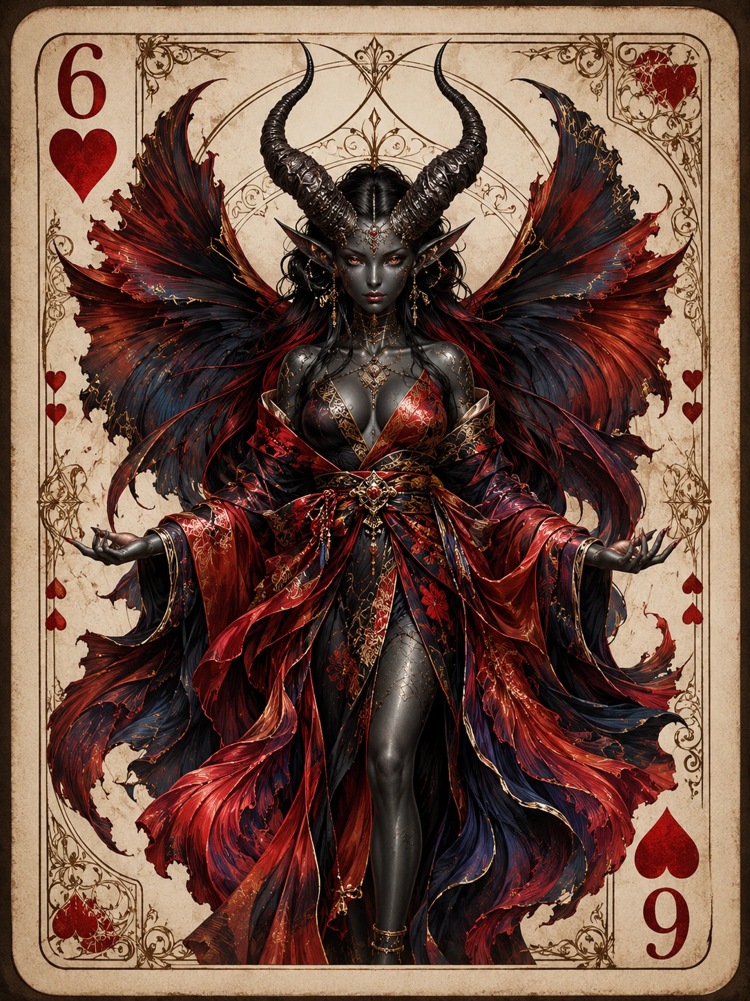 Demoness in flowing kimono before six of hearts card
