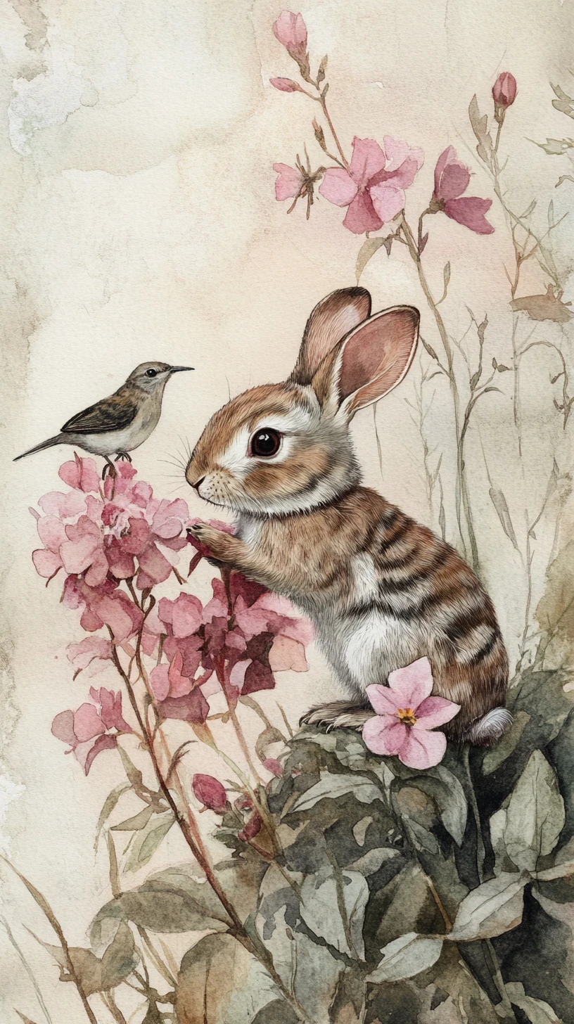 Winziger Hase, der Blumen in einem zarten Aquarellgarten pflegt