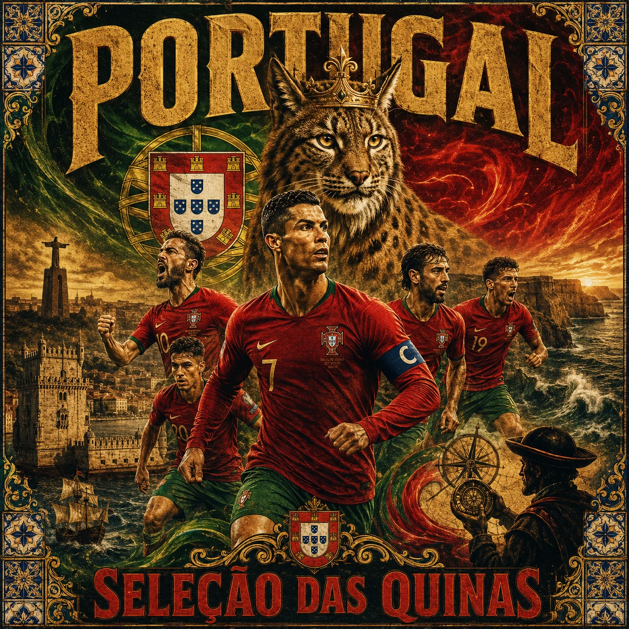 Vintage poster of heroic Portugal football team in action