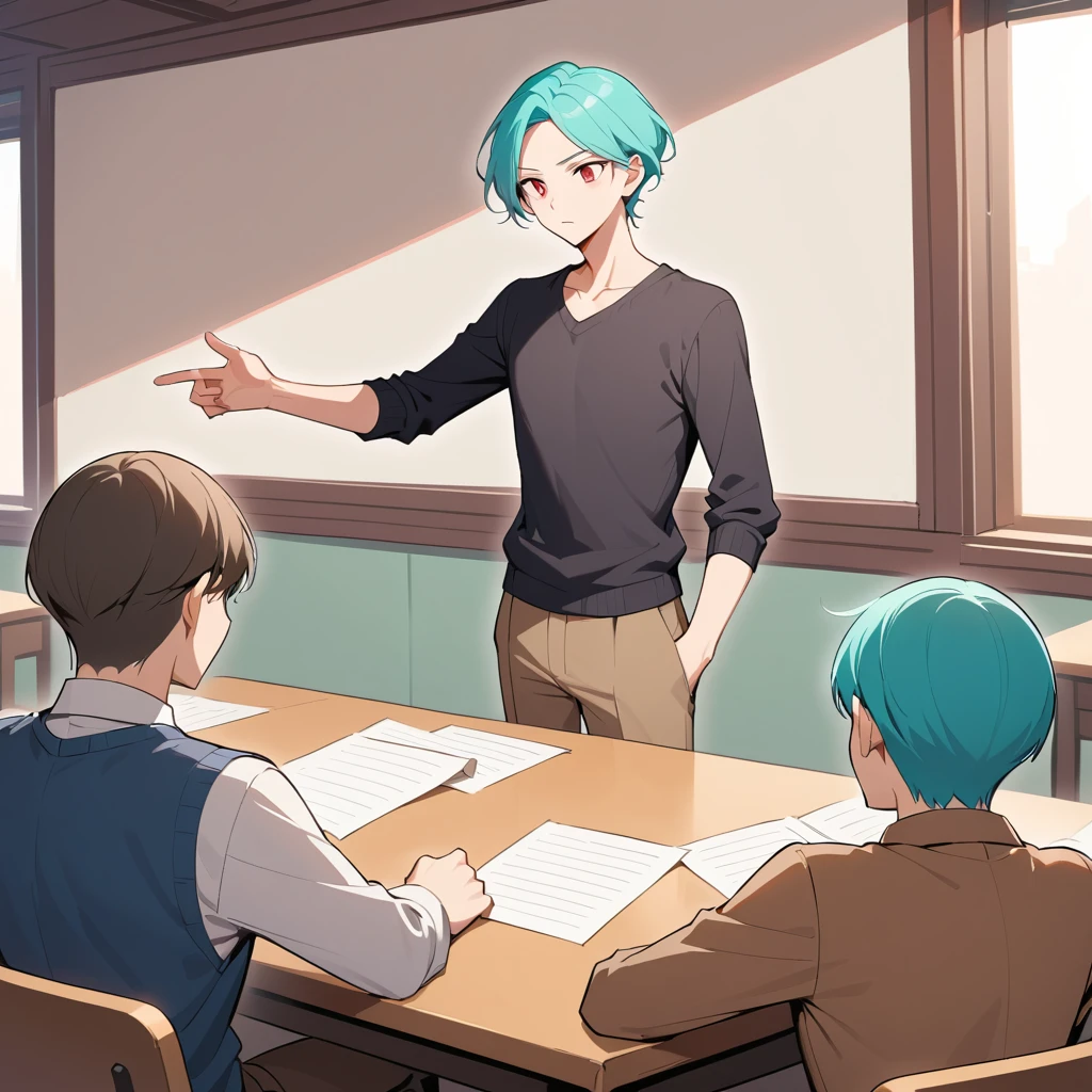 History teacher with cyan hair leading a classroom lecture