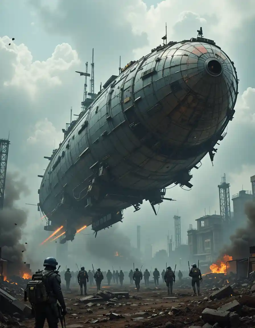 Heavily Armored Cyberpunk War Zeppelin In Battle Sky