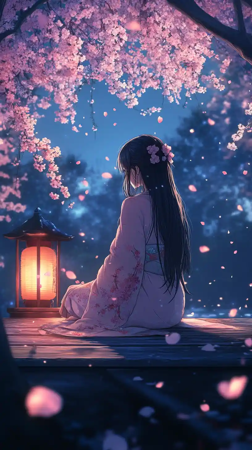 Anime girl in pink kimono under night cherry blossoms