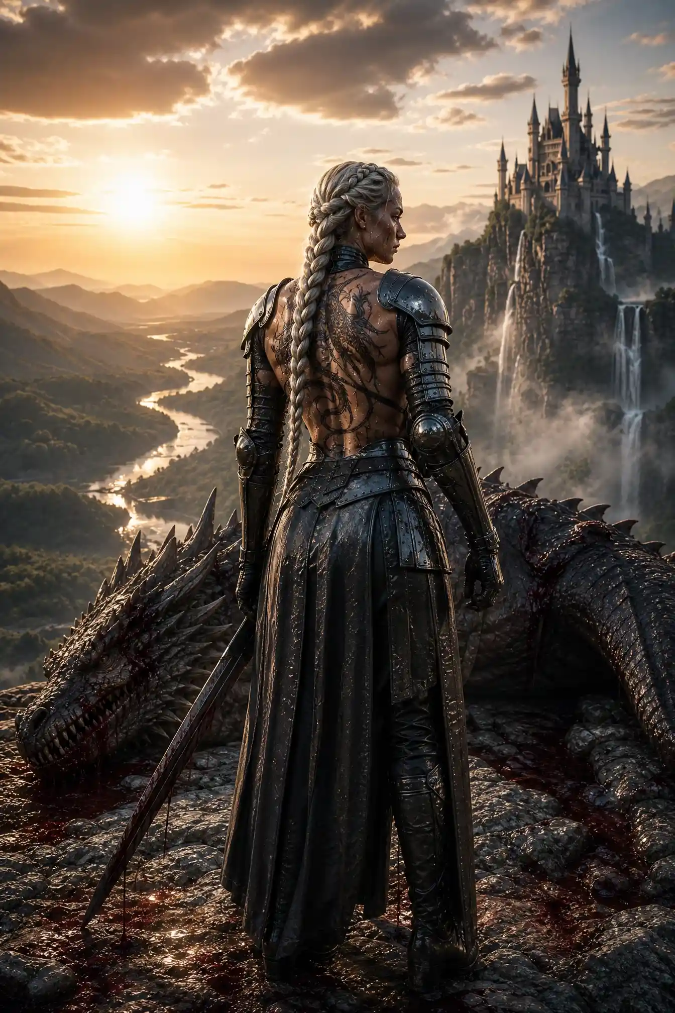 Female warrior on rocky plateau after dragon battle