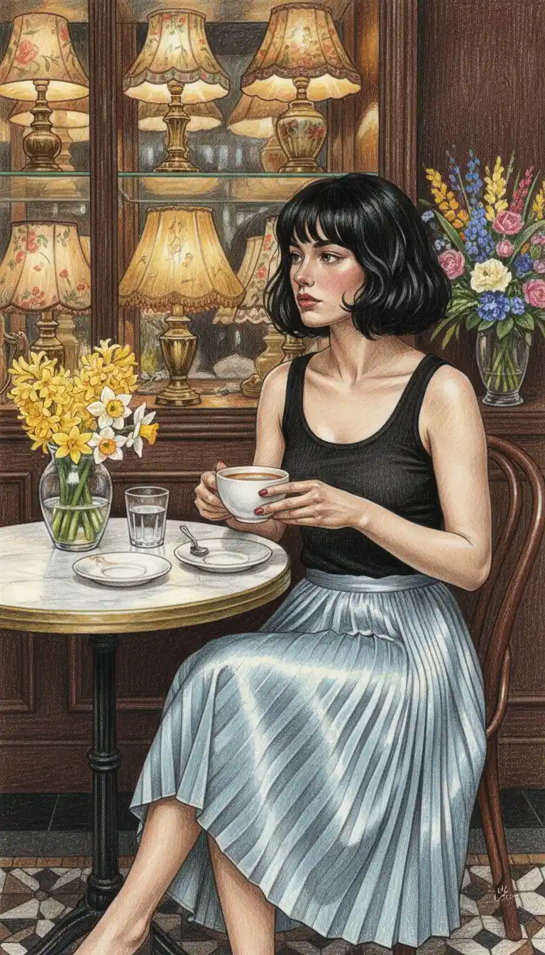 Joven mujer con café en un acogedor café – dibujo