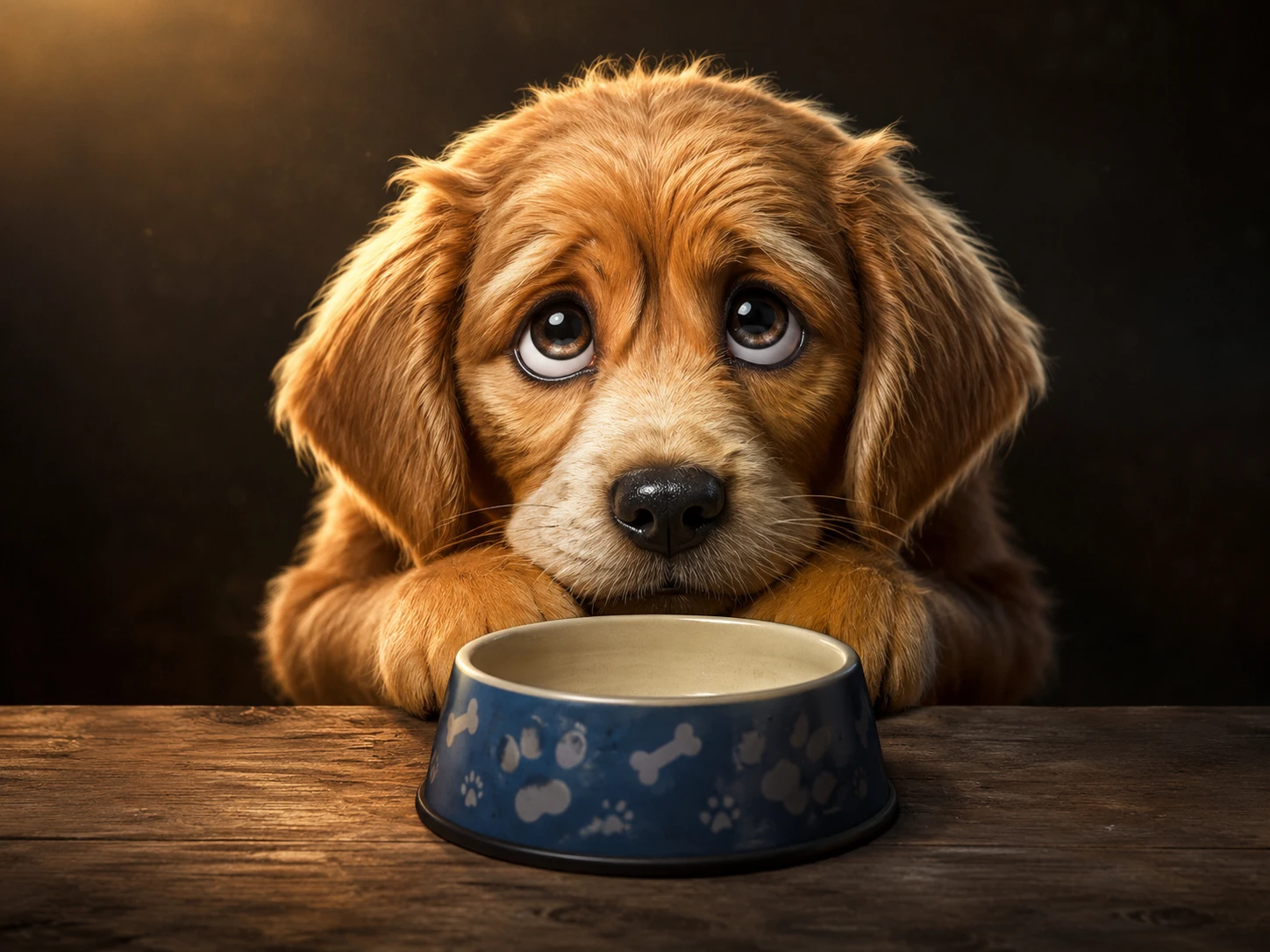 Timid puppy with oversized eyes under dramatic spotlight