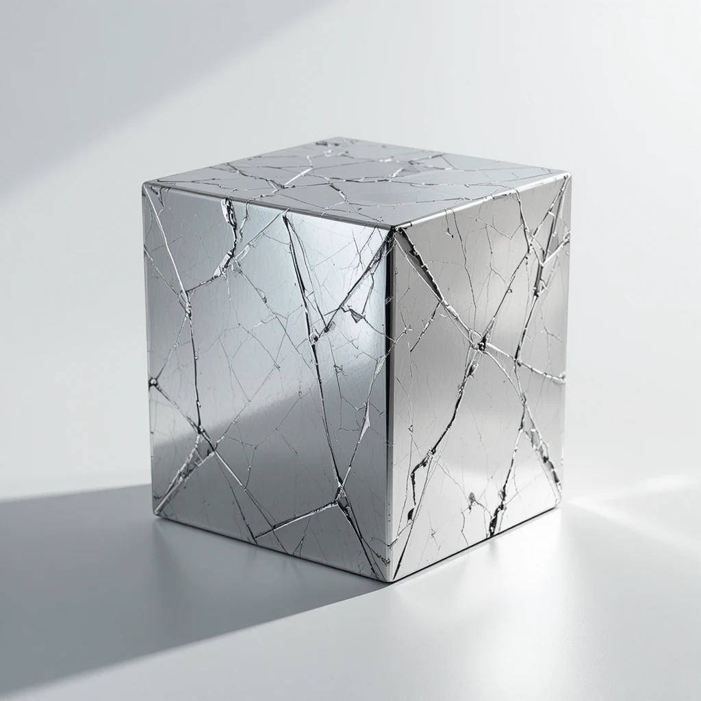 Polished metallic cube on pure white minimalist background