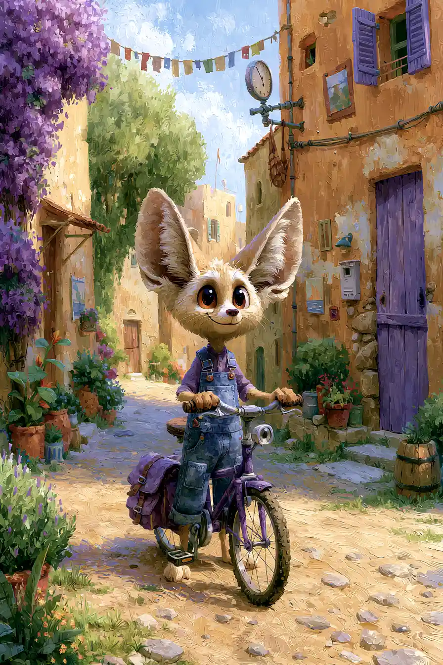 Cute fennec fox riding a bike in a coastal village